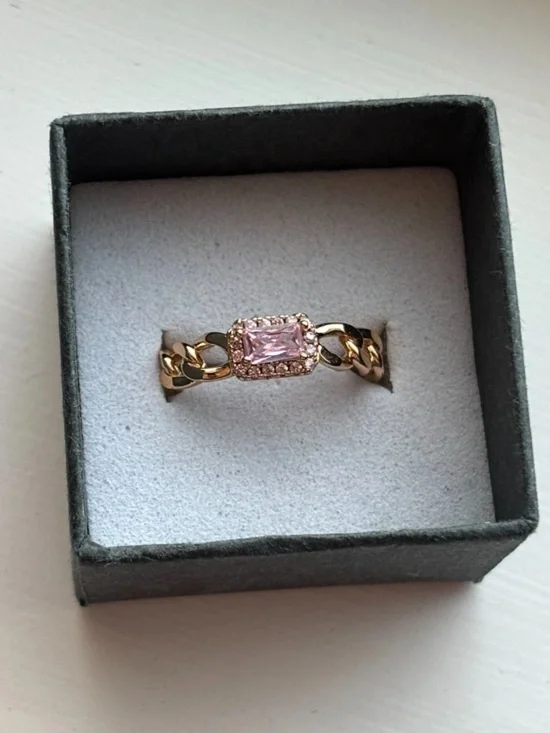 Gold Plated Chain Link Ring Pink Emerald Cut CZ Halo Size 6 Statement Ring - Picture 2 of 9